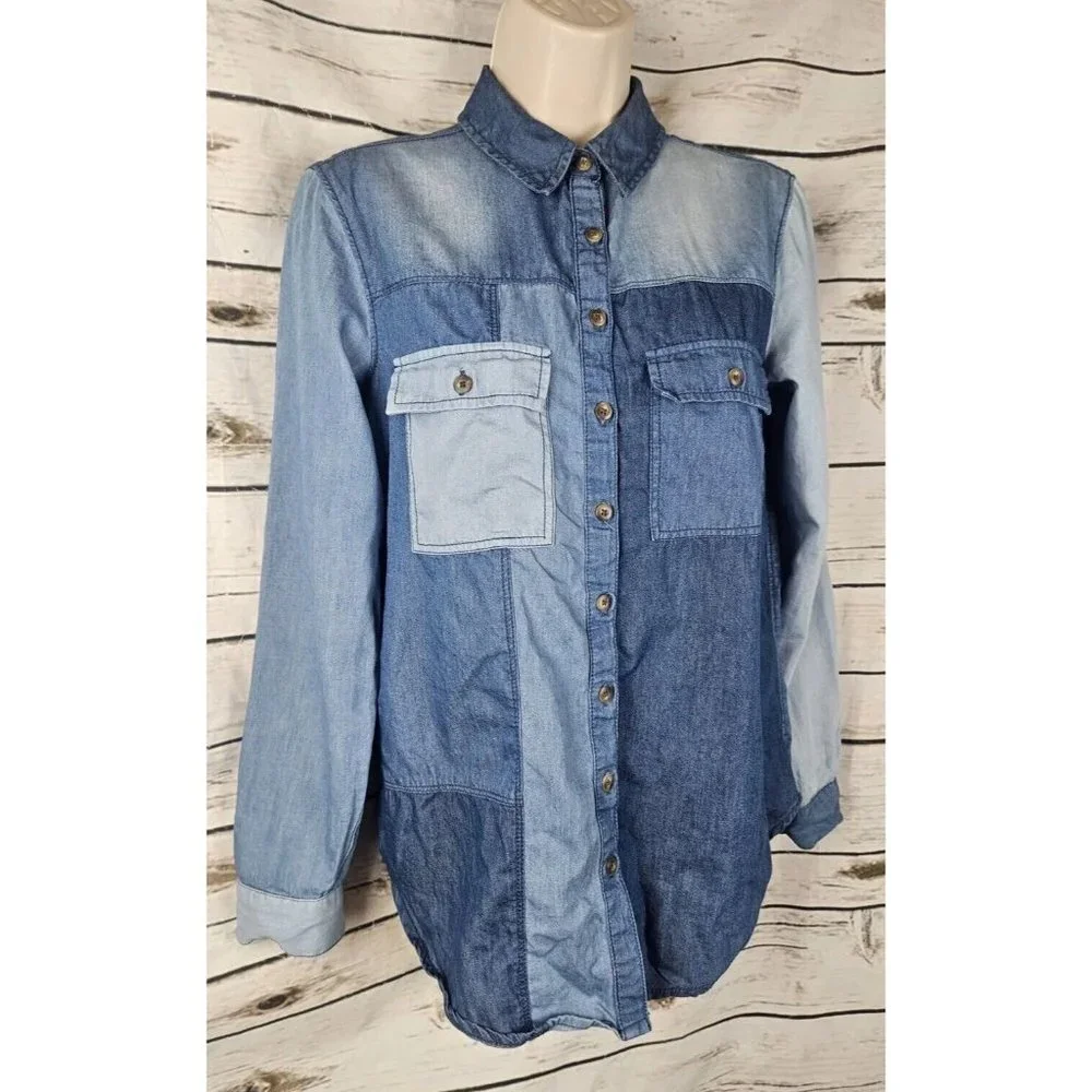 Anthropologie Pilcro Chambray Patchwork Top XS Denim Button Western Lyocell - Picture 2 of 7